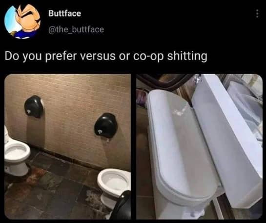 Funny comparison of public restrooms with two toilets side-by-side labeled as versus or co-op pooping
