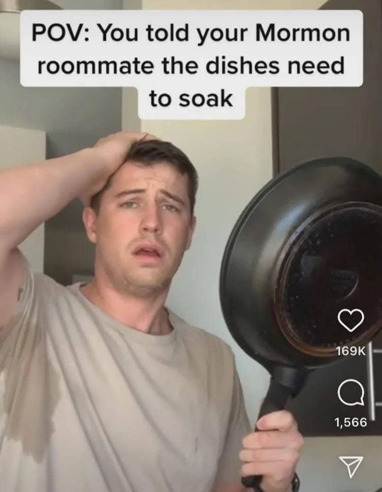 Mormon roommate meme featuring a man holding a frying pan looking confused about soaking the dishes.