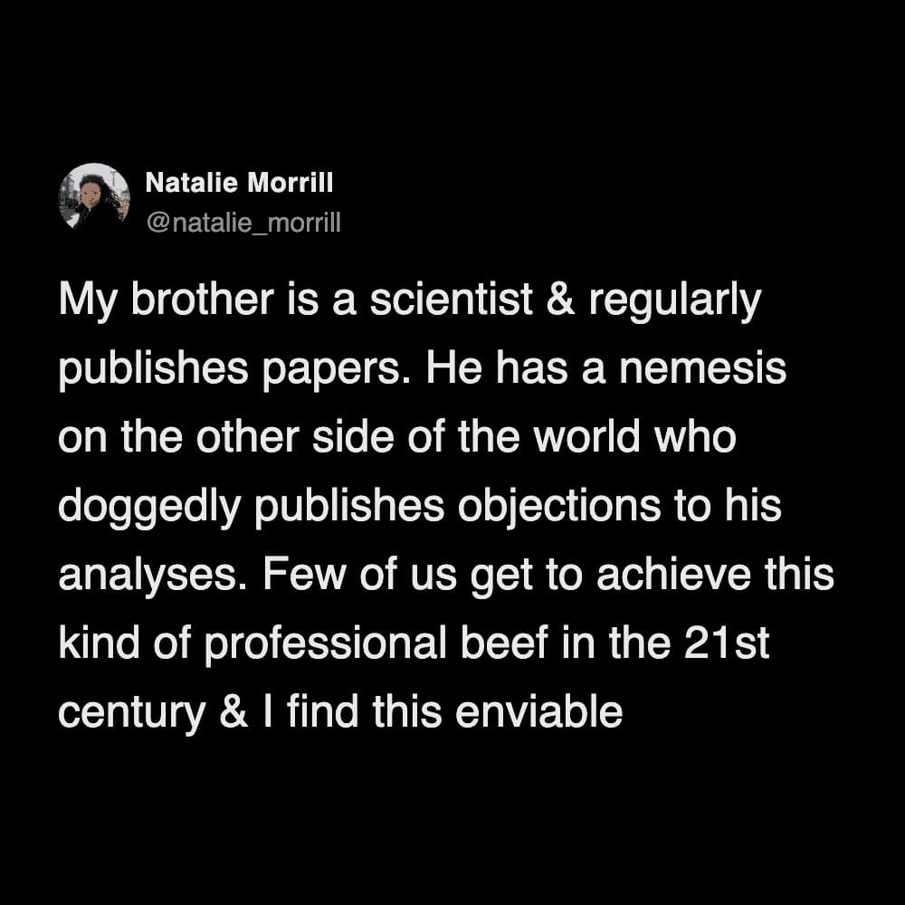 Tweet describing an enviable academic rivalry where two scientists across the world publish constant objections.