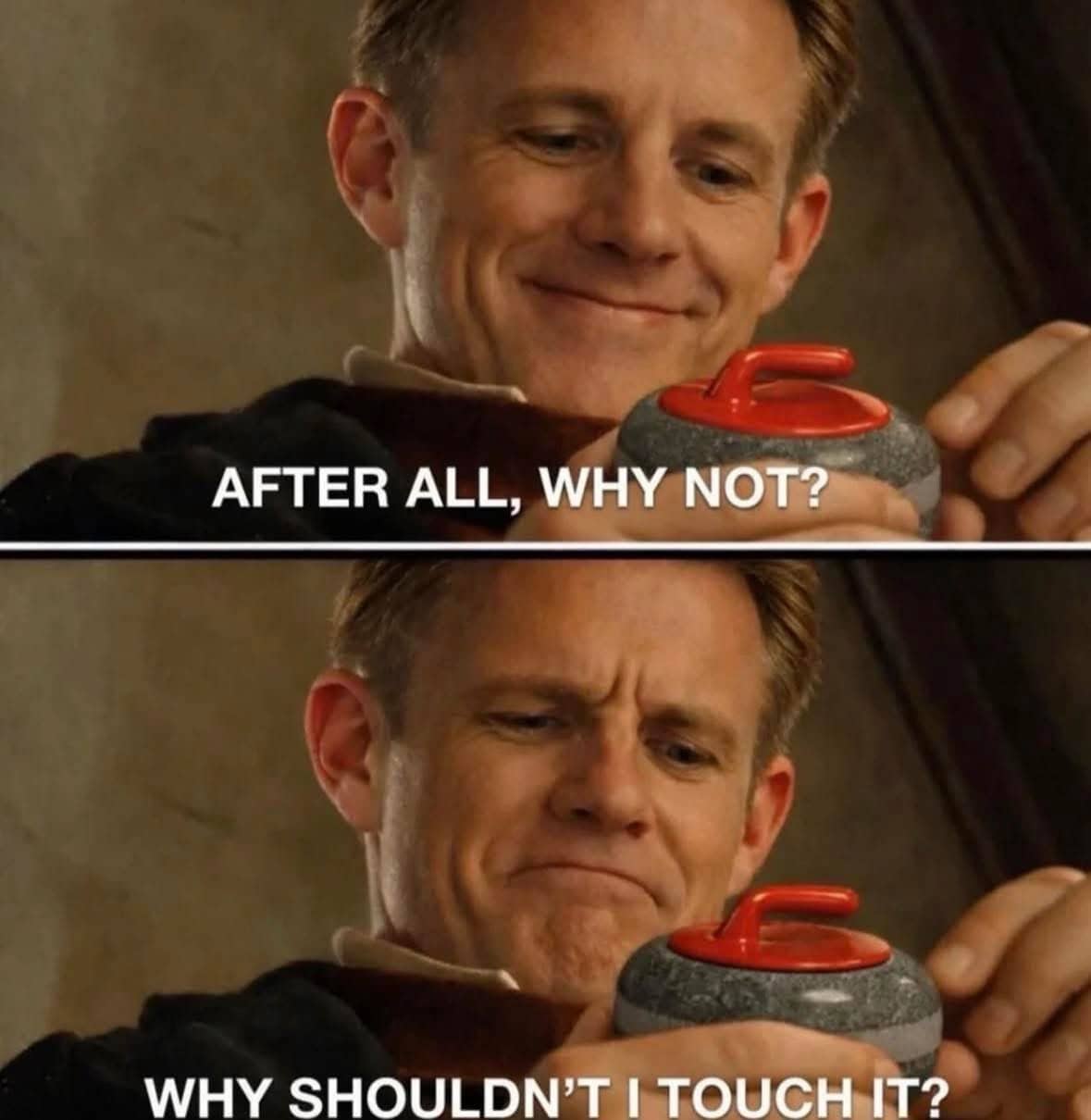 Lord of the Rings Bilbo Baggins meme template edited with a curling stone and humorous text.