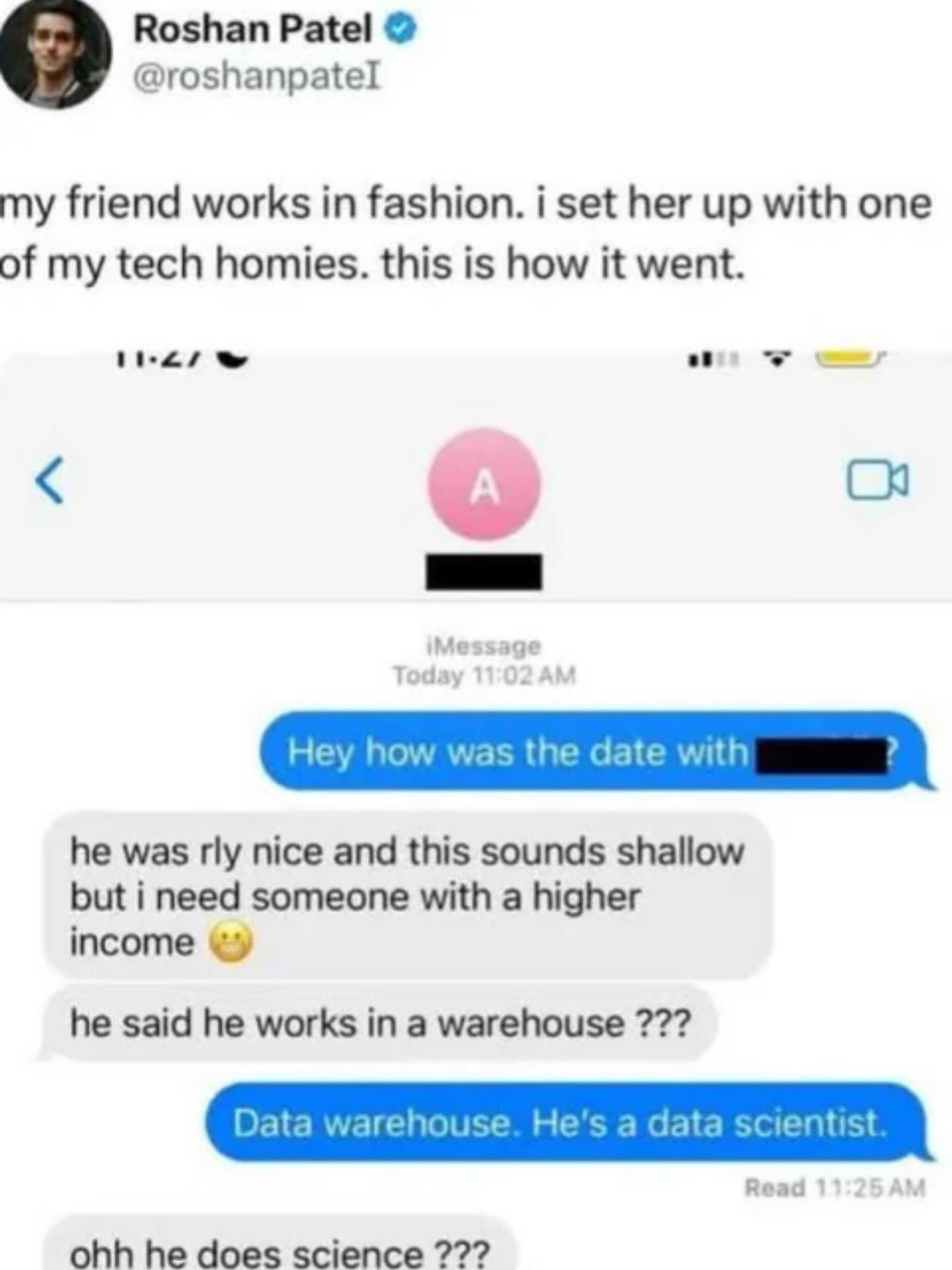 Humorous text message exchange where a woman confuses a data warehouse job with manual labor.
