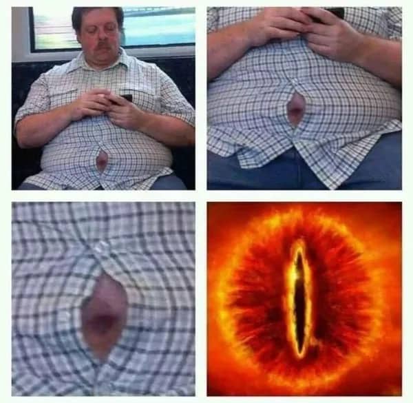 Four panel meme comparing a man's straining shirt button to the fiery Great Eye of Sauron.