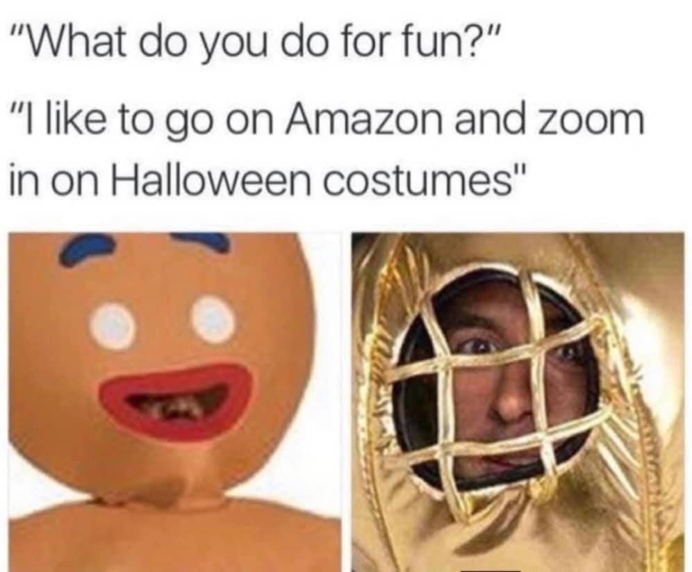 Close-up zooms of creepy and funny faces visible through the mesh of cheap Amazon Halloween costumes.