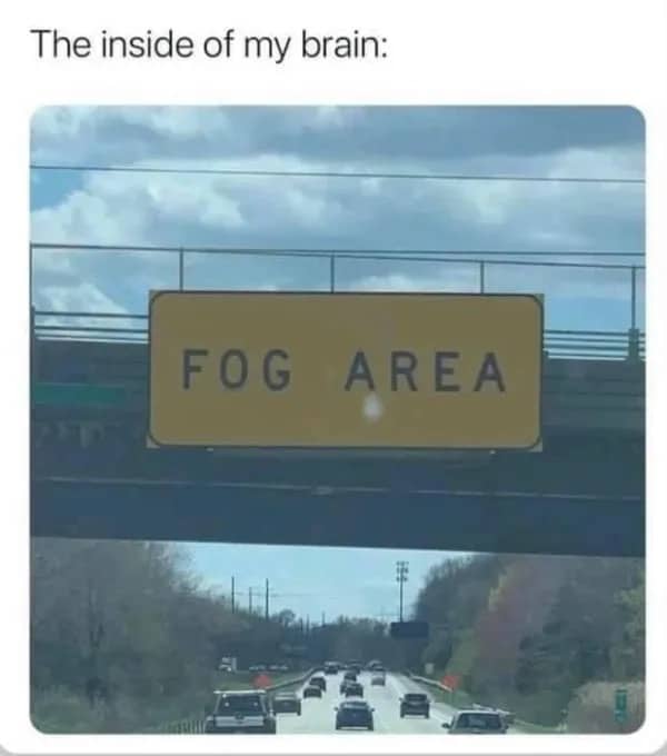 Road sign over a highway that says Fog Area with the caption indicating it represents the inside of my brain