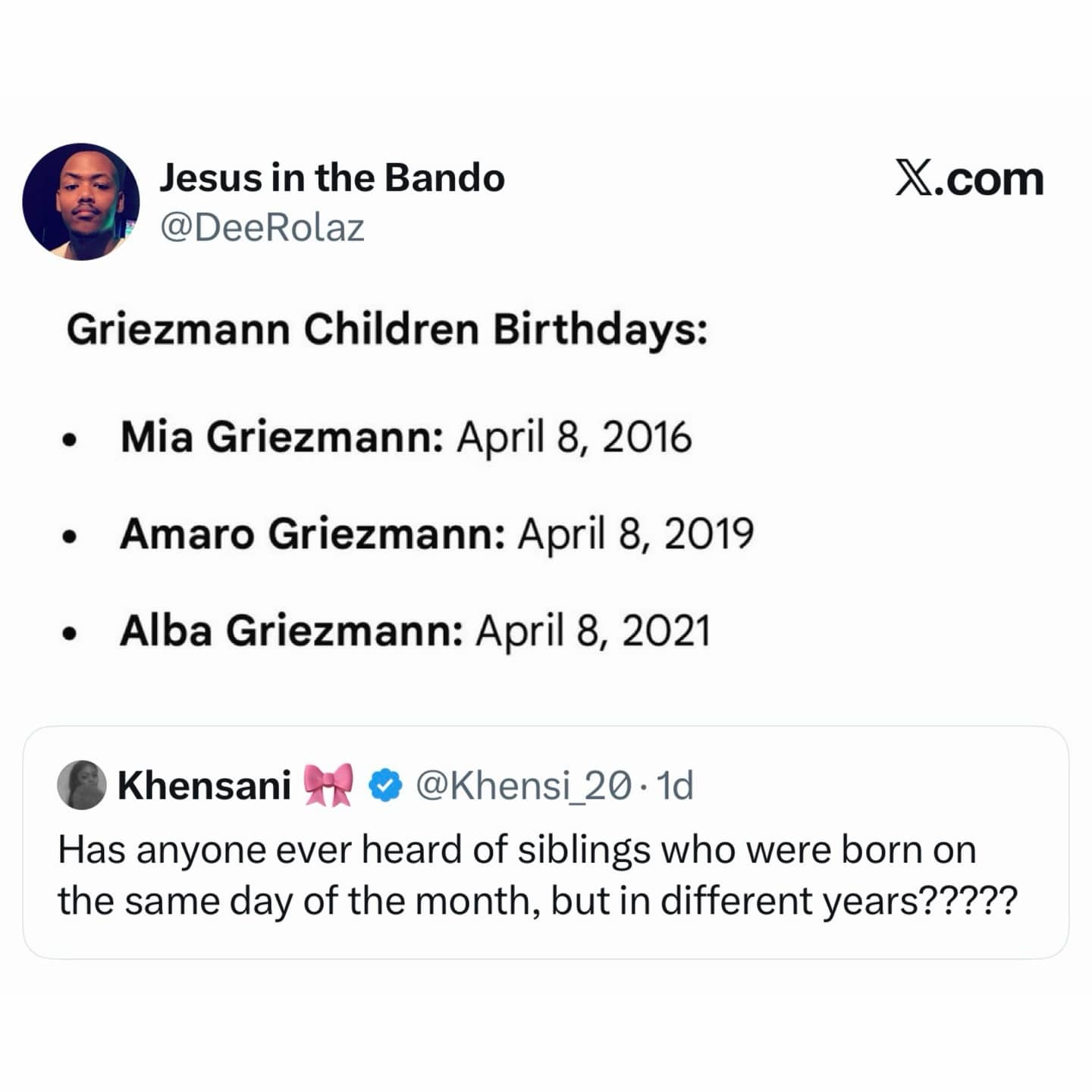 Viral tweet showing all three of soccer player Antoine Griezmann's children share the same April 8 birthday.