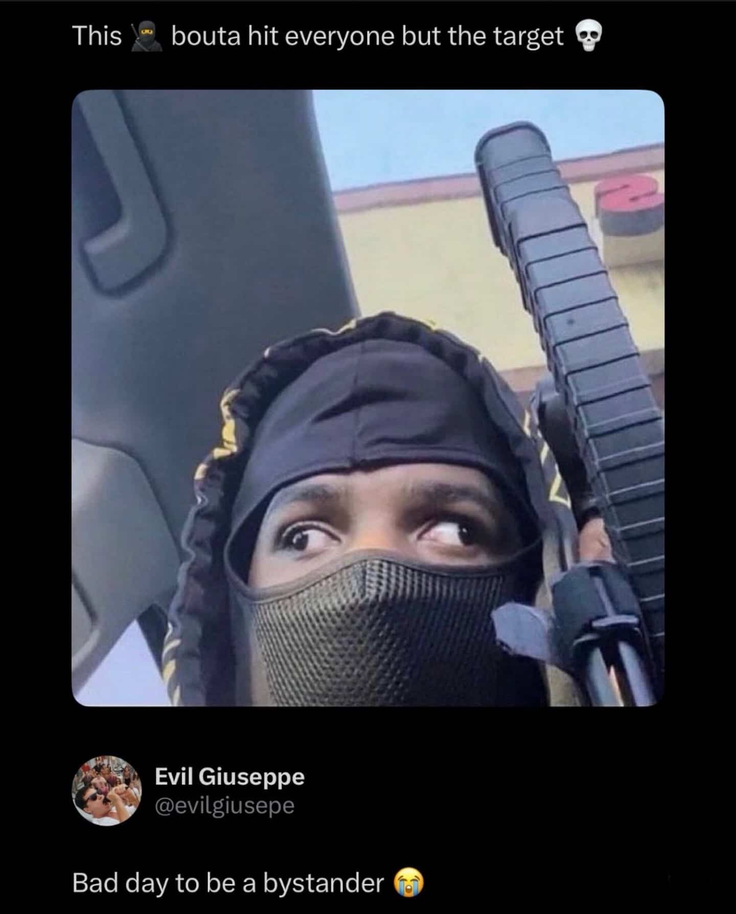 Funny reaction meme featuring a person in a mask with cross-eyed pupils holding a firearm.