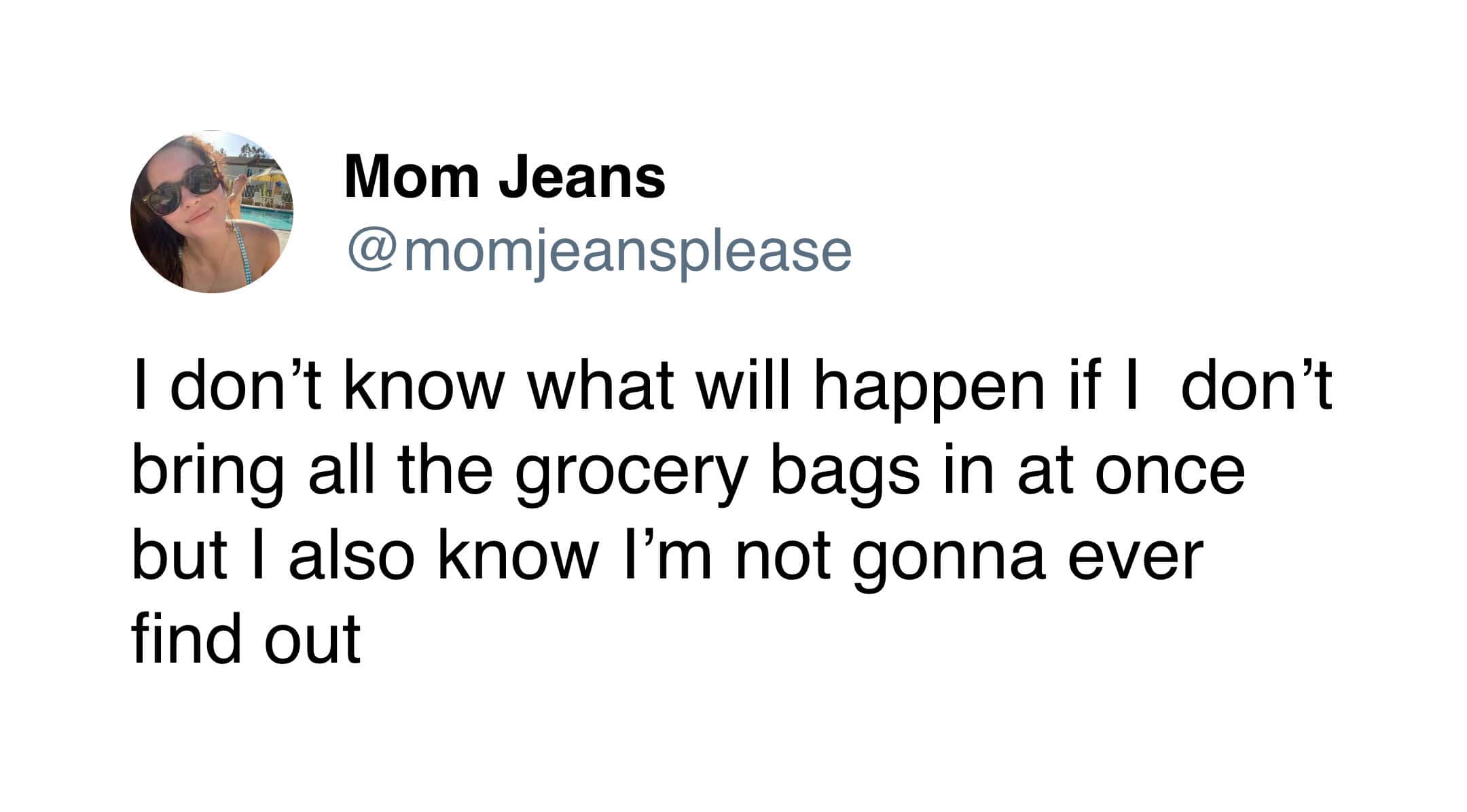 A funny tweet from Mom Jeans declaring the absolute law of bringing all grocery bags inside in a single trip, refusing to find out what happens if she doesn't.