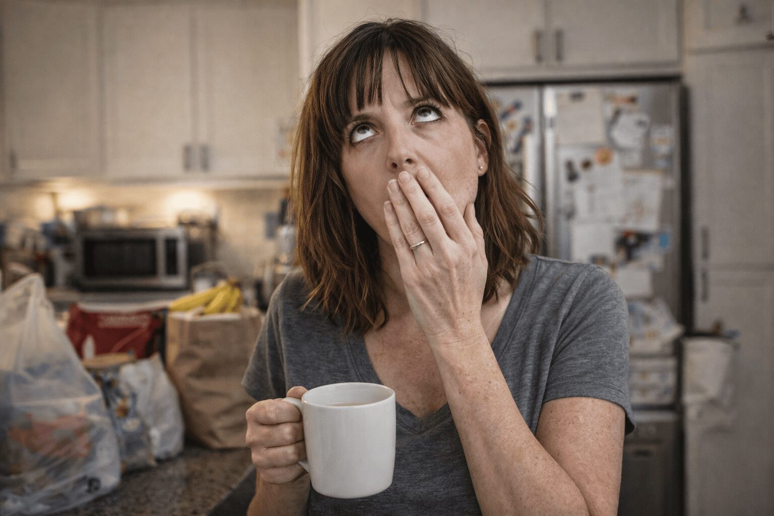 Funny tweet from Mom Jeans compilation: A collage featuring the embarrassment of a child discussing their mom's "mustache" at Target, the existential dread of making dinner "forever," and the struggle of bringing all grocery bags inside in one trip.