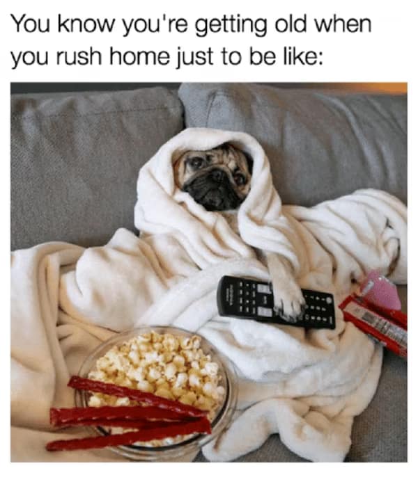 A cozy getting old meme showing a pug wrapped in blankets with snacks, captioned "You know you're getting old when you rush home just to be like:".