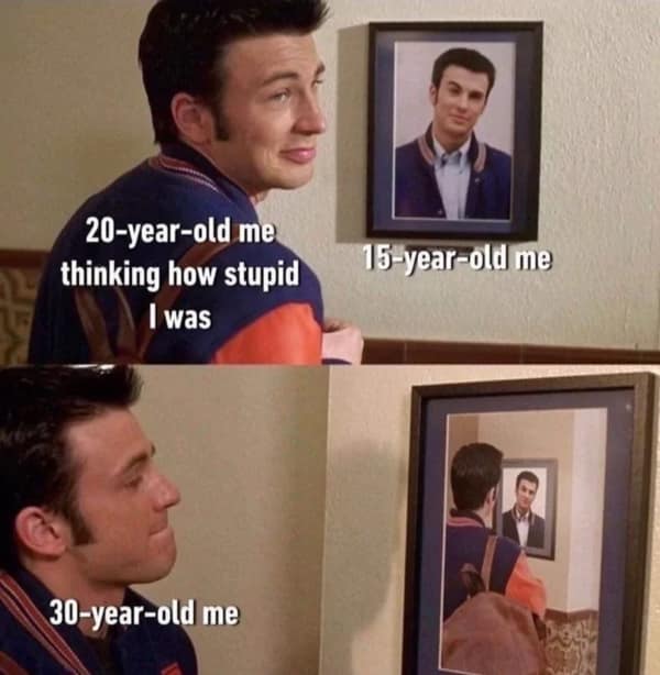 A funny millennial meme featuring Chris Evans looking at a framed photo of his younger self, joking about how stupid we were at 20.