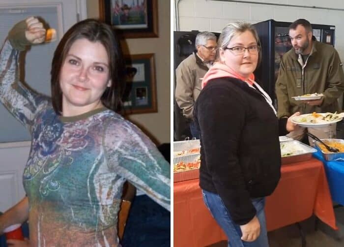Two photos showing a woman in a colorful top next to a casual buffet scene.