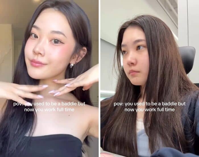 Two photos of a woman transitioning from a stylized "baddie" look to working full time.