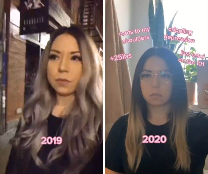 Comparison of a 2019 night out photo vs. a 2020 photo mentioning weight and depression.
