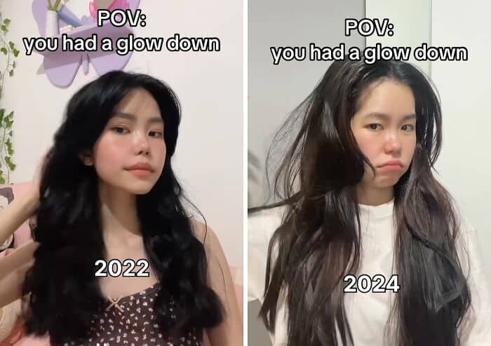 Split view of a woman with styled hair in 2022 versus messy hair in 2024.