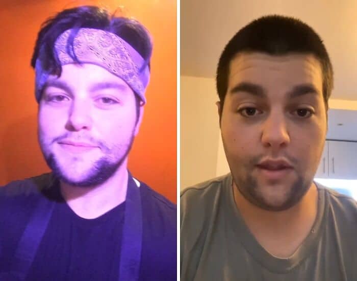 Before and after photos of a man showing a change in style and facial hair.