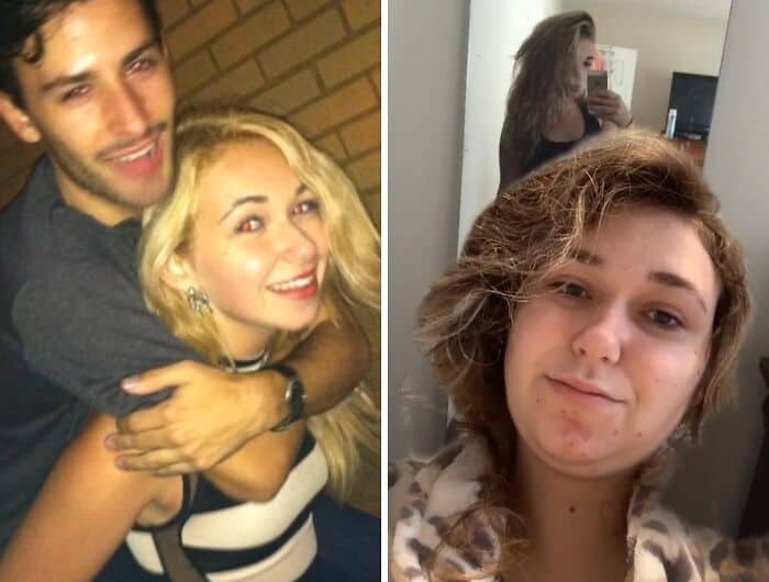 Side-by-side of a couple at a party versus a woman looking exhausted at home.