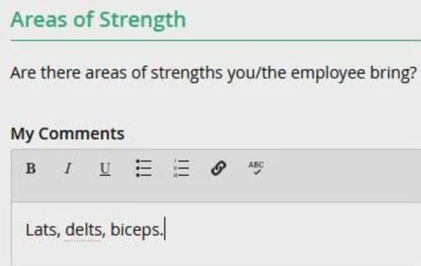 A workout meme where an employee interprets the "Areas of Strength" section on a performance review literally by listing their muscle groups.
