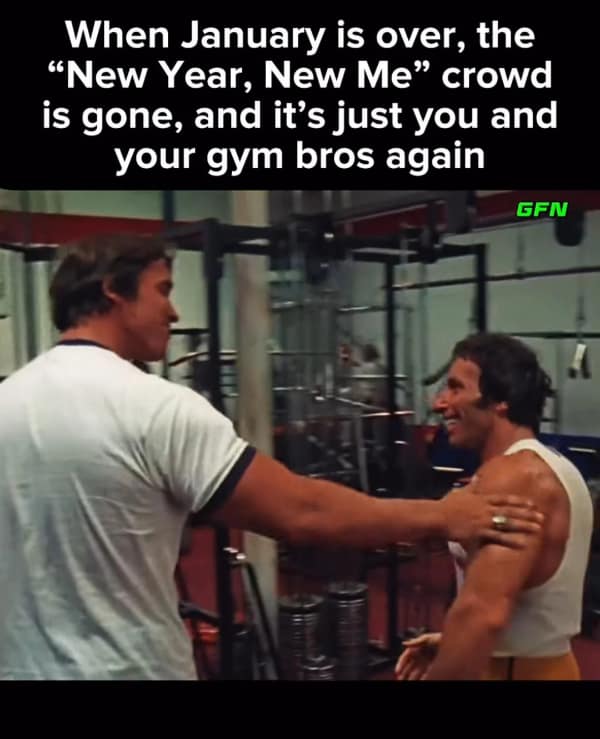 A gym meme featuring the epic Predator handshake to celebrate the moment January ends and the "New Year, New Me" crowd finally leaves the gym.