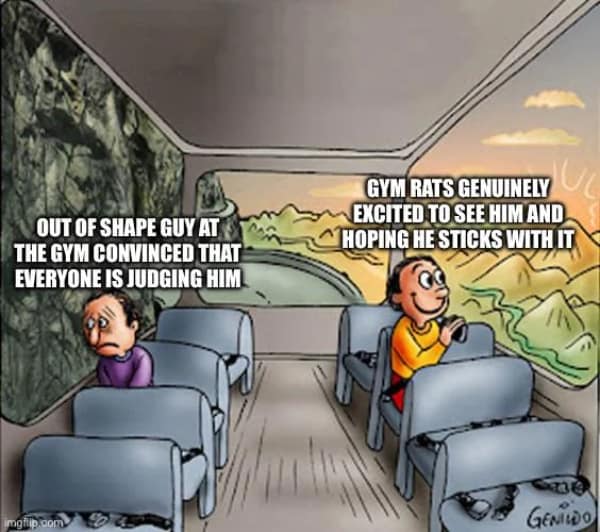A wholesome gym meme using the "two guys on a bus" template to show that gym rats are actually rooting for beginners rather than judging them.