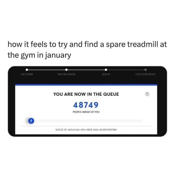 A relatable workout meme comparing the struggle to find a spare treadmill in January to a massive online ticket waiting queue.