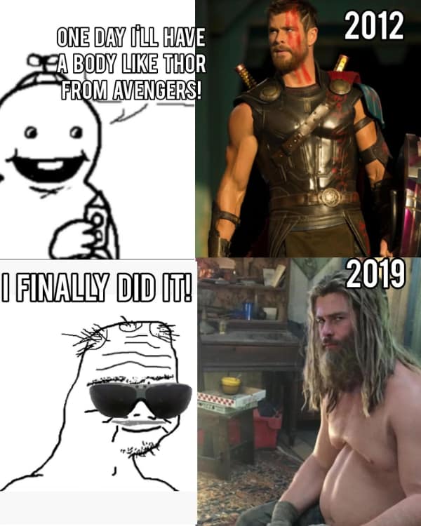 A gym meme showing a stick figure's goal to look like Thor, eventually succeeding by matching the physique of the overweight "Fat Thor" from Avengers: Endgame.