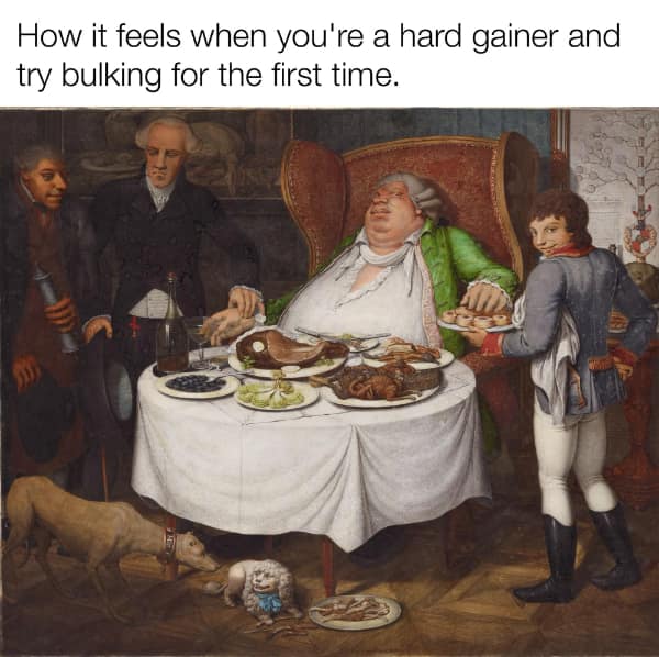 A classical art workout meme depicting a "hard gainer" trying to bulk for the first time by eating an enormous feast served by attendants.