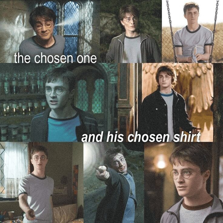 A wardrobe analysis Harry Potter meme titled "the chosen one and his chosen shirt," compiling eight different scenes where Daniel Radcliffe wears the exact same grey ringer tee.