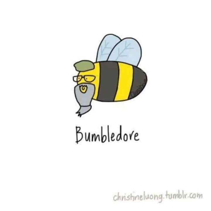 Cartoon bumblebee with half moon glasses and a long grey beard. A simple visual pun creating the name Bumbledore.