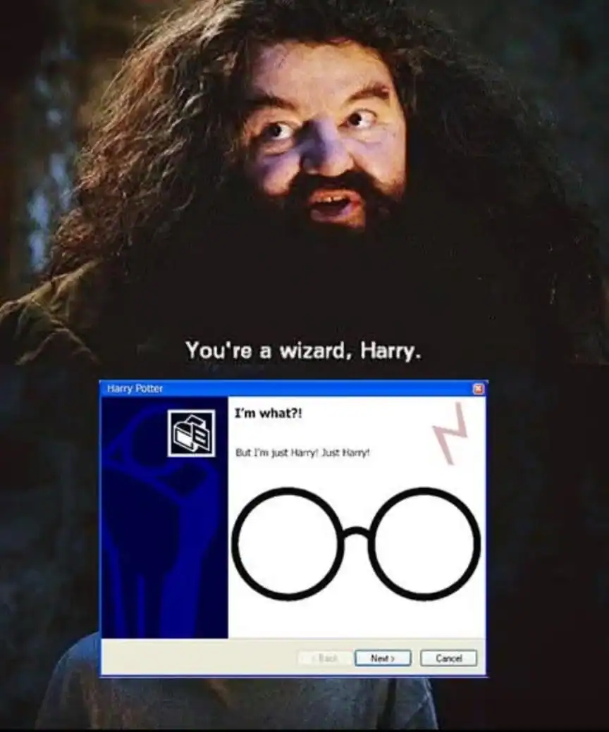A retro tech Harry Potter meme reimagining Hagrid's "You're a wizard" reveal as a Windows XP error message dialog box with Harry asking "I'm what?!"