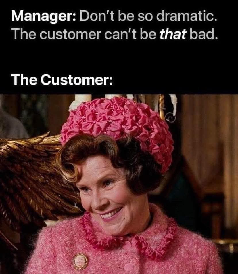 Dolores Umbridge smiling evilly. Perfectly represents the ultimate horrible retail customer arriving at a store.
