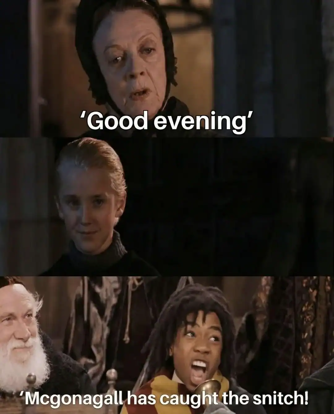 Lee Jordan yelling McGonagall caught the snitch. A clever pun comparing a tattling Draco Malfoy to the Quidditch ball.