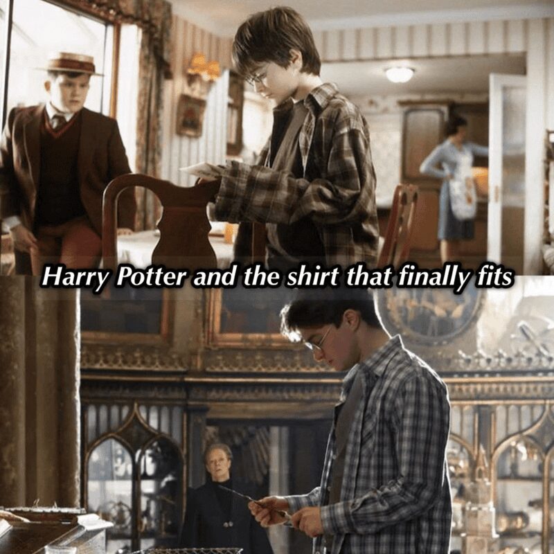 A wardrobe-focused Harry Potter meme titling a scene "Harry Potter and the shirt that finally fits," mocking the character's eternal struggle with oversized hand-me-downs.