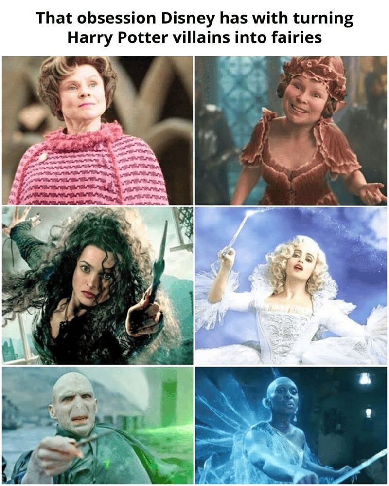 A visual comparison memes about Harry Potter noting Disney's trend of casting HP villains as fairies, ending with a savage roast comparing the live-action Blue Fairy's look to Voldemort.