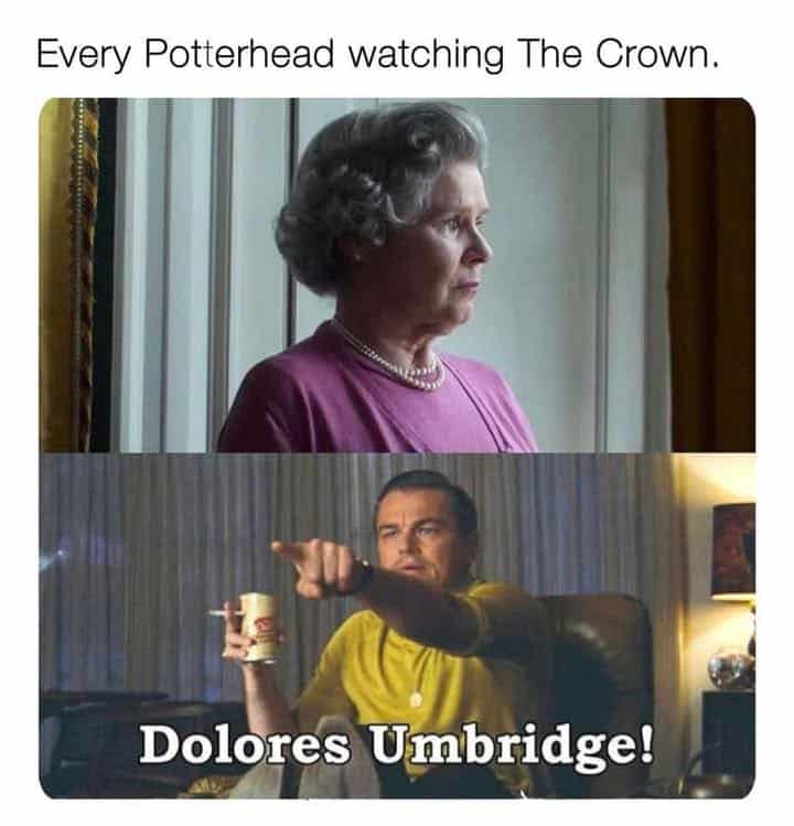 Leonardo DiCaprio pointing at Imelda Staunton in The Crown because fans only recognize her as Dolores Umbridge.