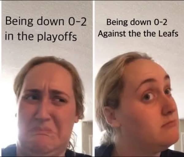 Woman making a disgusted face then a relieved face regarding being down in hockey playoffs.