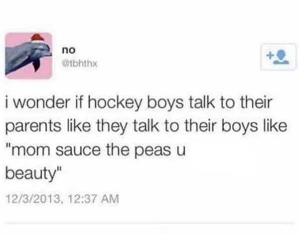 Social media post joke about hockey players using sports slang while talking to their parents.