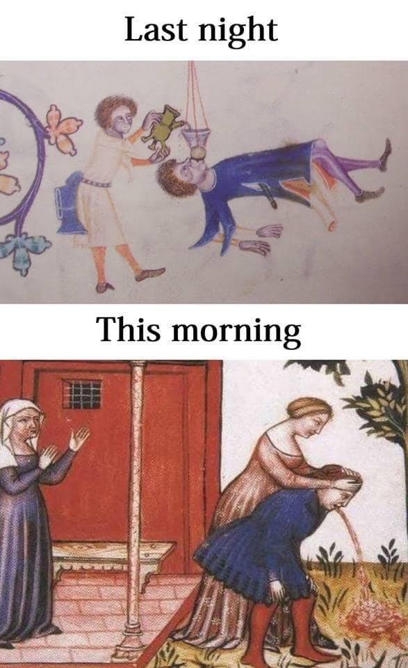 Medieval tapestry showing a man chugging a jug and violently throwing up. Historic art capturing modern weekend mistakes