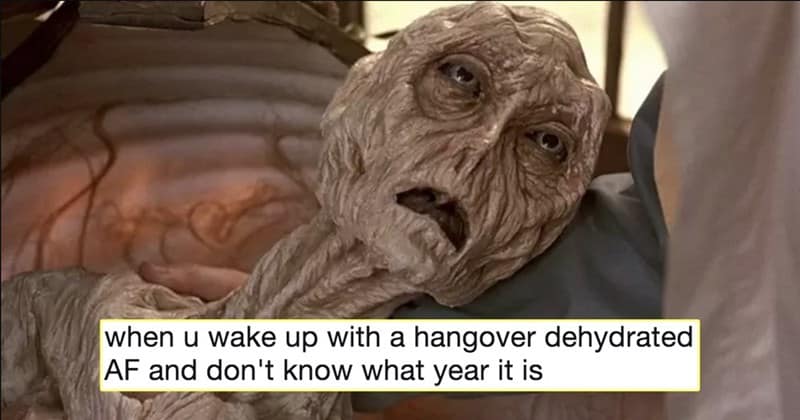 Shriveled movie alien looking incredibly dehydrated. A funny hungover meme about waking up thirsty and completely confused.