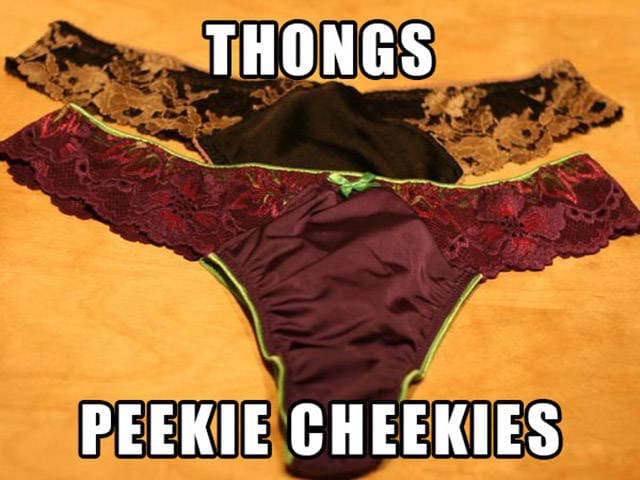 A pair of thongs with a text overlay suggesting the name "Peekie Cheekies."