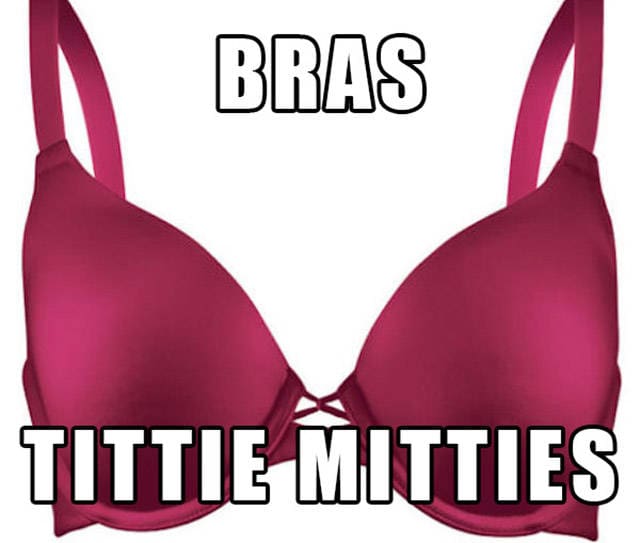 A bright pink bra with a text overlay suggesting the name "Tittie Mitties."