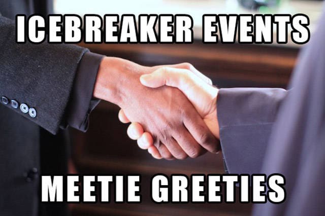 Two people in suits shaking hands with a text overlay suggesting the name "Meetie Greeties."