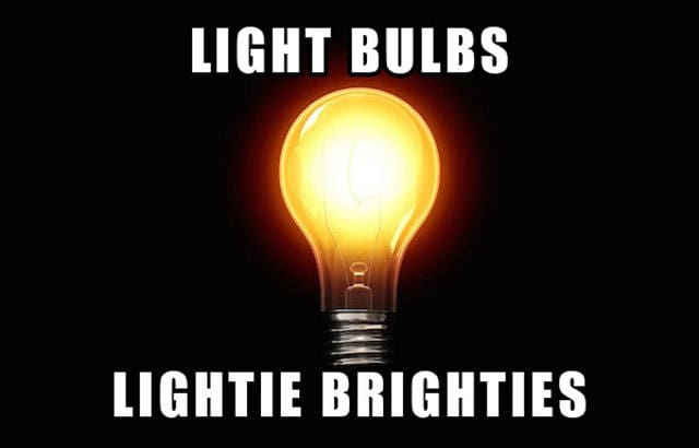 A glowing light bulb against a black background with the text "Lightie Brighties."