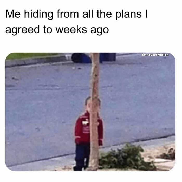 A hilarious social anxiety meme showing a young boy poorly attempting to hide behind a very skinny tree trunk, representing the absolute desperation of "Me hiding from all the plans I agreed to weeks ago".