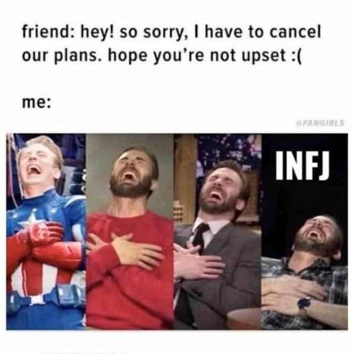 An expressive introvert meme using four different pictures of Chris Evans aggressively laughing, perfectly illustrating an INFJ personality type's reaction to a friend apologizing for cancelling plans.
