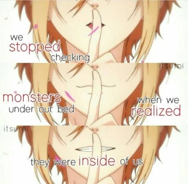 Anime-style panels with text about monsters under the bed actually being inside of ourselves.