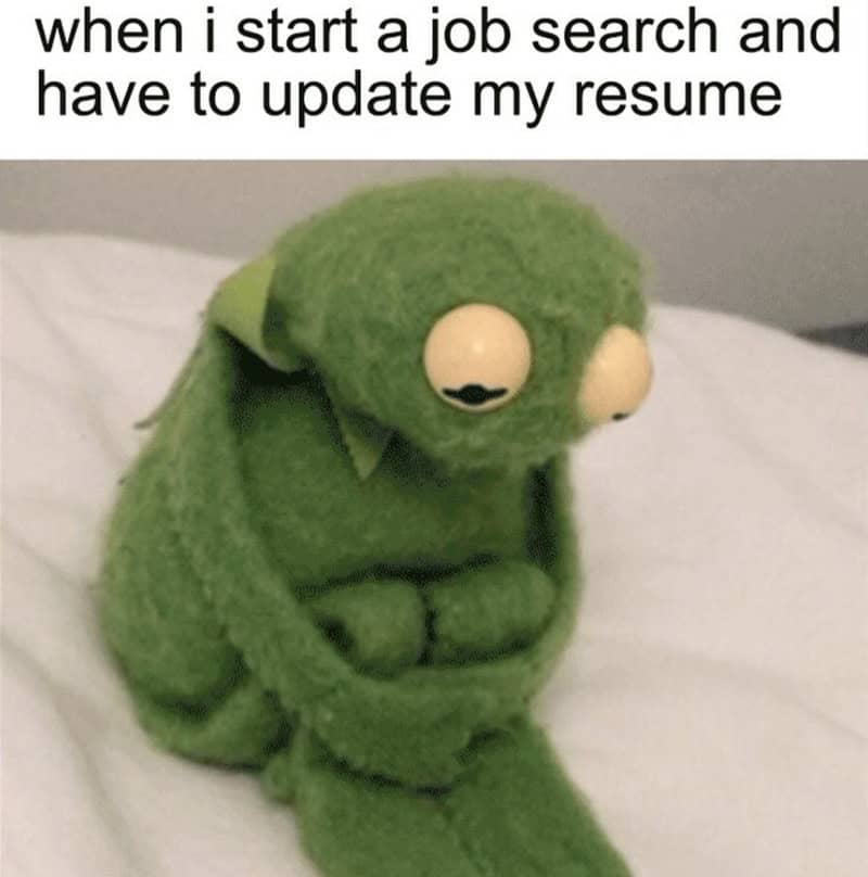 Sad Kermit the Frog meme representing the emotional toll of updating a professional resume.
