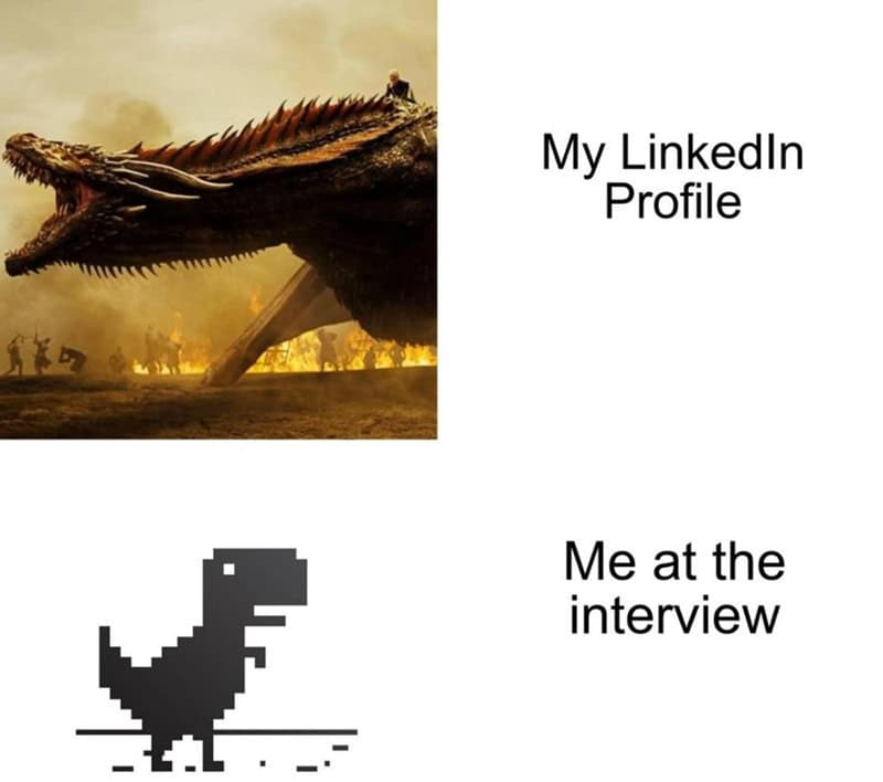 Comparison meme showing a fierce dragon as a LinkedIn profile versus a pixelated dinosaur.