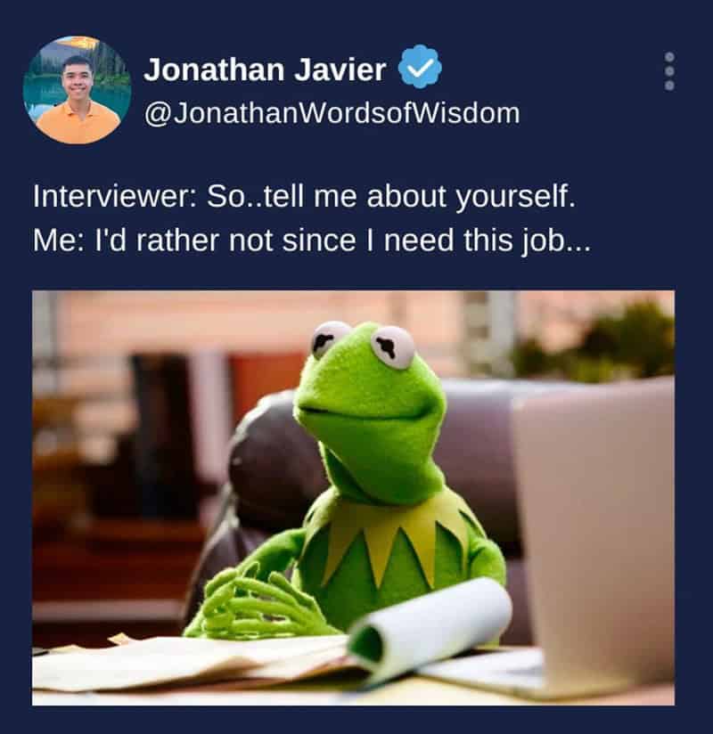 Kermit the Frog in a suit avoiding personal questions during a high-stakes job interview.