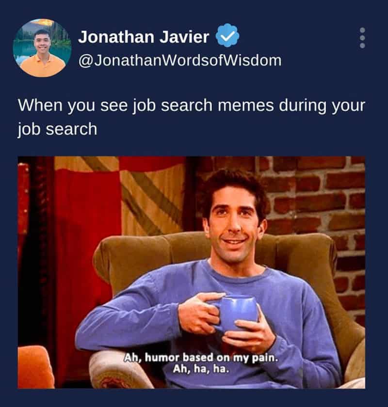 Ross Geller laughing at pain while viewing relatable memes during a long job search.