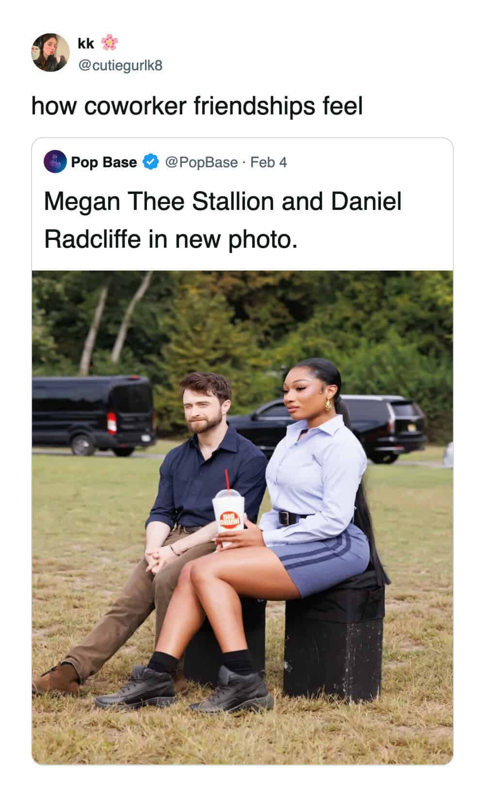 Photo of Megan Thee Stallion and Daniel Radcliffe used as a metaphor for the random energy of coworker friendships.